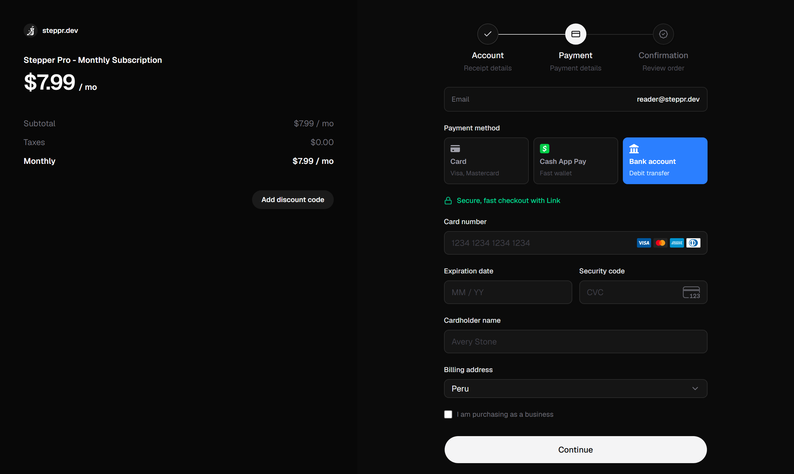 Subscription checkout block preview built with Stepper